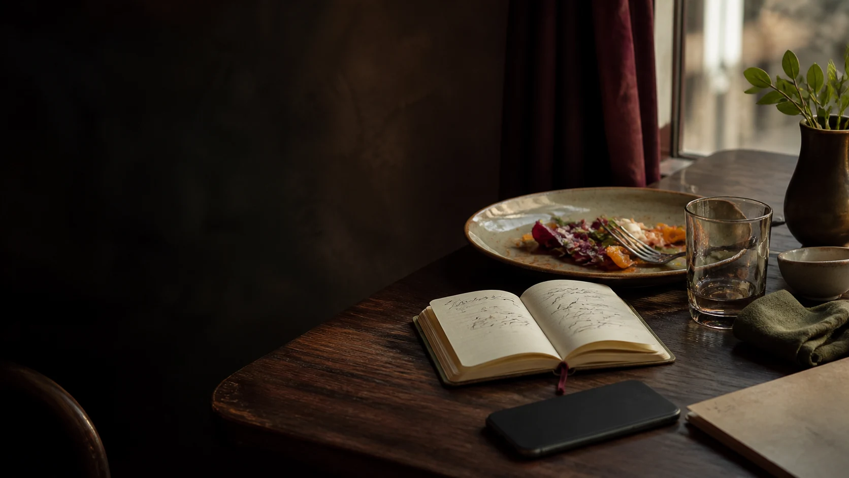 A quiet restaurant table with an open food journal, a finished plate, and a phone